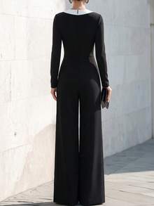 Women's Colorblock V-Neck Long Sleeve Casual Jumpsuit - Black and White - View 2