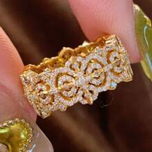 Women's Exquisite Wide Band Hollow Cross Pattern Zirconia Inlaid 18K Gold Plated Adjustable Palace Style Cross Ring - Gold - View 4