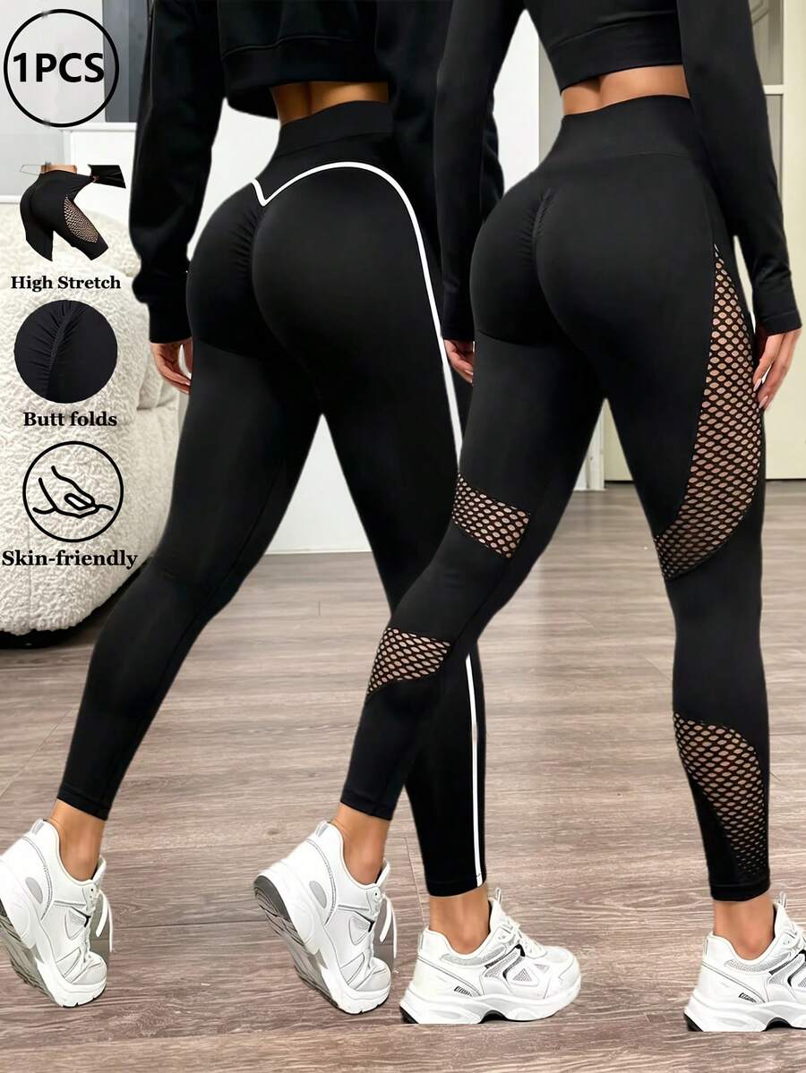 1pc Women's Black Striped Hollow Out Rhinestone Embellished Elastic Slim Fit Leggings, 9/10 Length, For Gym, Sports, Workout, Outdoor, Vacation, Walking, Shopping, Home, Butt Lifting, Body Shaping, Waist Cinching, Stretching - Multicolor - View 1