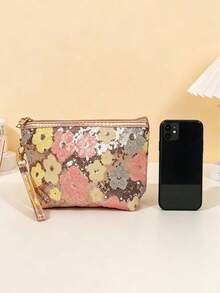 1pc Large Capacity Sequin Floral Fashion Makeup Bag With Handle And Zipper, Portable Cosmetic Storage Organizer For Phone, Coins, Data Cable, Etc., Suitable For Women, Home, Travel, Business Trip, Daily Commute, All Seasons - Multicolor - View 10