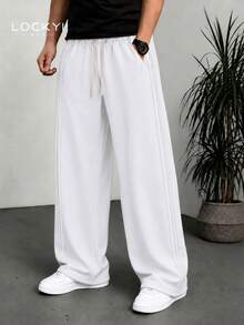 1pc Men's Spring/Summer White Straight Leg Sweatpants, American Style Drapey Loose Wide Leg Casual Sports Long Pants - White - View 9