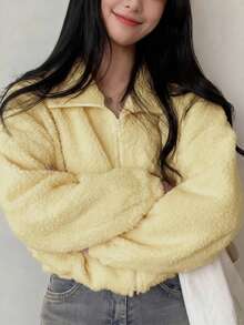 女款秋冬優雅拉鍊抓絨短夾克，時尚純色泰迪夾克，休閒戶外健身穿搭，寬鬆版型派對造型 - 黃色 - 查看 7