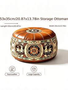 Round Storage Ottoman, Large Capacity Soft Footstool With Hidden Clothes Storage, Padded Seat & Floral Fabric Design, Multifunctional Organizer Stool For Adults, Bedroom Living Room Closet Dorm Home, Space Saving Furniture - Brown - View 7