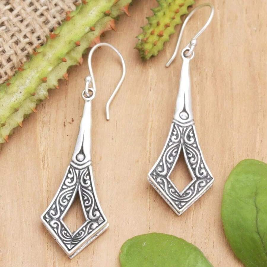 Vintage Long Geometric Earrings, Minimalist Hollow Ear Jewelry - Silver - View 1