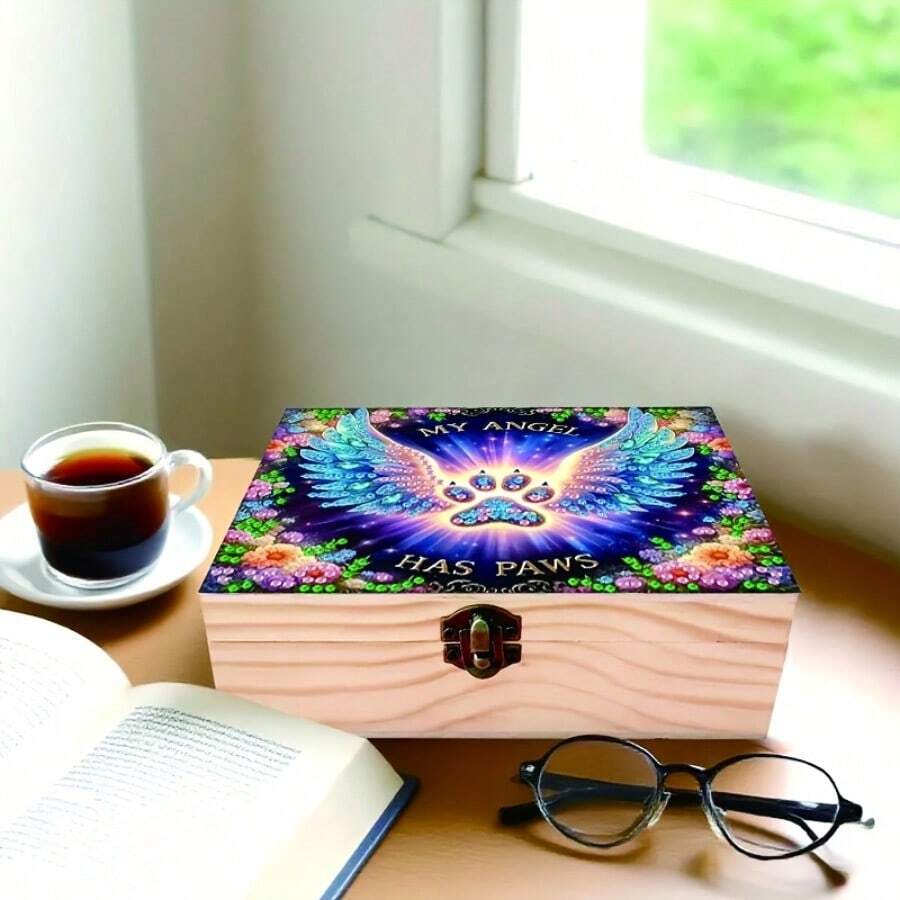 Handmade Art Set With Single Piece Painting Design And Paw Print Pattern, Featuring A Wooden Box With Lock And Flip Lid, Multi-Functional Storage Box Suitable For Small Items And Jewelry - Multicolor - View 1