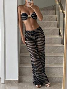 HOTTIE HABIT Women's Zebra Print 3-Piece Bikini Swimsuit, Bandeau Ruched Swim Top, Drawstring Sheer Mesh Flare Cover-Up Bottoms, Summer Beach Vacation Swimwear - Multicolor - View 5