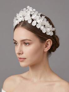Bridal Hair Accessory White Satin Petal Baby's Breath Crystal Bead Ethereal Full Wedding Floral Crown With Hair Comb - Silver - View 4