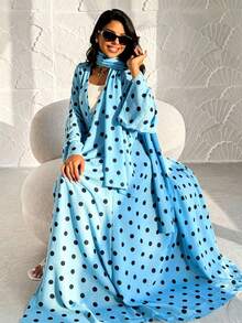 Fashion Casual Polka Dot Minimalist Arabic Jacket With Headscarf For Commuting - Baby Blue - View 3