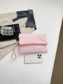 時尚簡約休閒女款手拿包 新款純色復古信封式零錢包手提包 - 粉色 - 查看 3