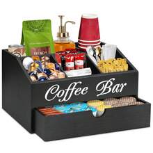 Wooden Coffee Bar Storage Box, Countertop Coffee Station Organizer, Multi-Compartment Coffee Accessories Storage Rack, Holds Coffee Pods, Tea Bags, Paper Cups, Straws - Black - View 4