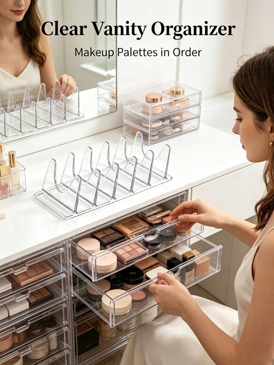 Transparent Acrylic Cosmetic Palette Organizer, U-Shaped Slot Design Makeup Tray, Multi-Compartment Eyeshadow Blush Powder Storage Rack, Suitable For Vanity Tabletop - Multicolor - View 1