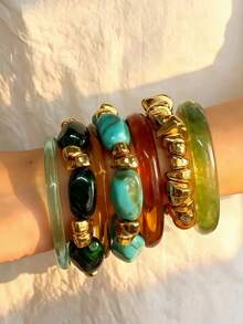 7pcs Fashionable Luxurious Y2K High-End Unique Shiny Glossy Multi-Purpose Vintage Elegant Green Resin Amber Gold Metal Beaded Bracelet Set, Suitable For Women's Daily Wear And Holiday Parties - Multicolor - View 2