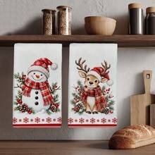 2pcs Cartoon Snowman & Deer With Red Plaid Scarf Pattern Kitchen Towels, 40*60cm Soft Microfiber Tea Towels, Suitable For Home Kitchen Restaurant Outdoor Camping Tabletop Cleaning Dish Cloth Hand Towel Accessories, Winter Christmas Holiday Theme Kitchen Towels Holiday Gift - Multicolor - View 1