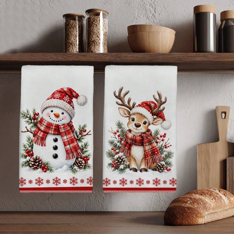 2pcs Cartoon Snowman & Deer With Red Plaid Scarf Pattern Kitchen Towels, 40*60cm Soft Microfiber Tea Towels, Suitable For Home Kitchen Restaurant Outdoor Camping Tabletop Cleaning Dish Cloth Hand Towel Accessories, Winter Christmas Holiday Theme Kitchen Towels Holiday Gift - Multicolor - View 1