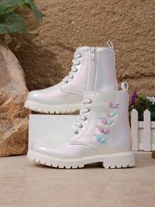 Girls' Colorful Pearlescent Boots, Autumn/Winter Thermal Lined Cute Embroidered Leaf Side Zipper Non-Slip Princess Ankle Boots - Beige - View 2