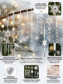 10/18pcs Acrylic Crystal Snowflake & Icicle Christmas Ornaments Set, Clear Faceted Drop Pendants With White Ribbon, Shatterproof Xmas Tree Hanging Decorations For Window Mantel Holiday Wedding Party Decor, Christmas Home Decor, Winter Decoration - A - View 10
