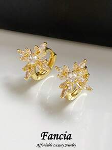 1 Pair Elegant Fashion Cubic Zirconia Snowflake Copper Alloy Hoop Earrings Suitable For Women's Daily Wear And Gatherings - Yellow Gold - View 1