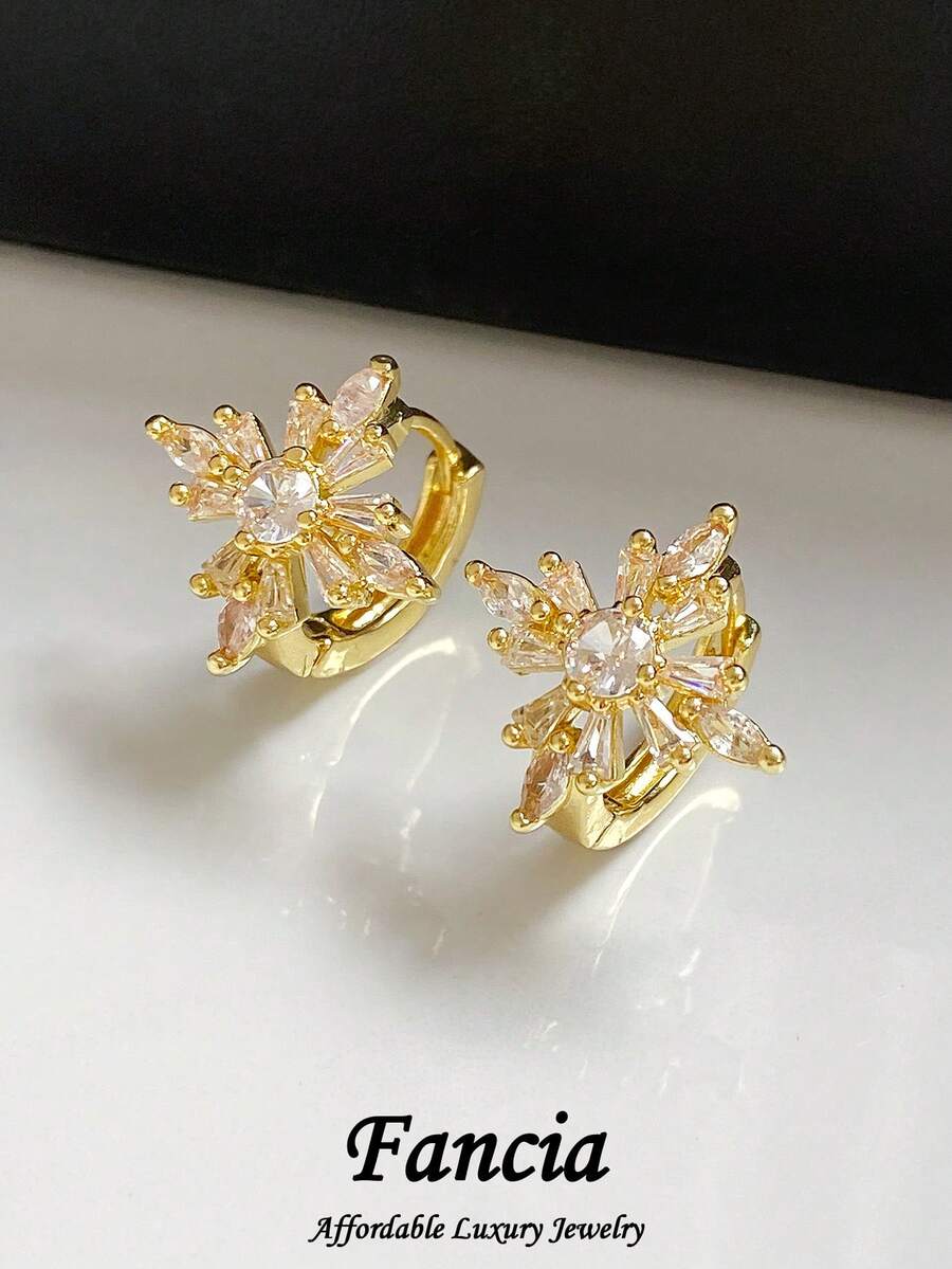 1 Pair Elegant Fashion Cubic Zirconia Snowflake Copper Alloy Hoop Earrings Suitable For Women's Daily Wear And Gatherings - Yellow Gold - View 1
