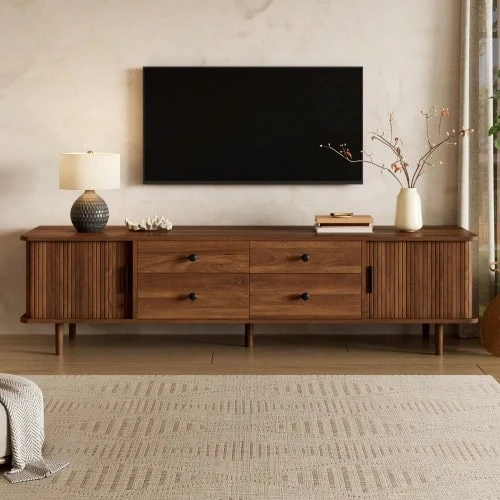TV Lowboard 165 Cm, MDF TV Cabinet With 4 Drawers And 2 Sliding Doors, Large Storage Space, Rounded Corners - Walnut + MDF - View 1