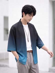 男士和服風開襟衫休閒襯衫,漸層色夾克上衣,可機洗,易打理,舒適面料 - 藍色 - 查看 3
