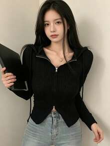 YCYC 秋冬設計雙向拉鍊女款長袖連帽針織開襟衫 黑色 - 黑色 - 查看 3