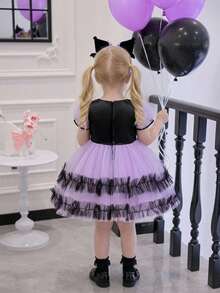 Baby Girl Square Neck Contrast Color Mesh Patchwork Satin Cute Halloween Party Princess Dress Suitable For Ball, Headband Not Included - Multicolor - View 2