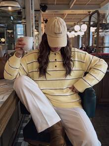 Women's Minimalist Fresh Style Colorblock Striped Knit Top, Polo Collar Half-Placket Loose Slimming Fit, Suitable For Office Innerwear And Casual Outings - Light Yellow - View 5