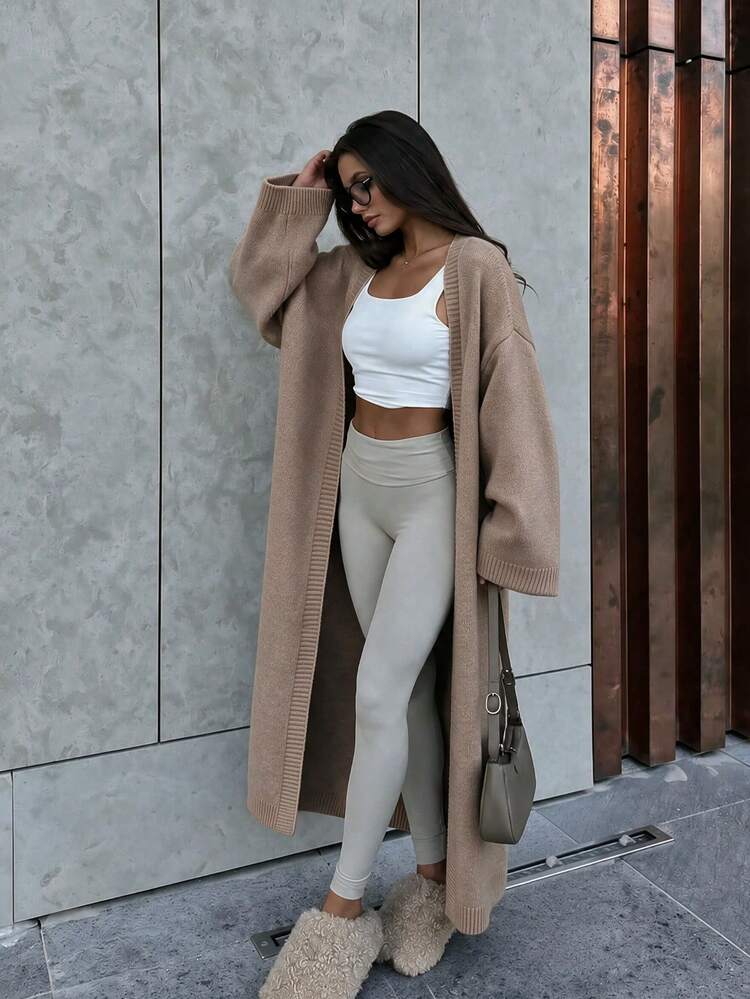 FOR BEAUTY Spring/Autumn New V-Neck Buttonless Oversized Long Sleeve Knit Cardigan, Fashionable Versatile Casual, Minimalist Long Sweater Jacket, Grey Cardigan, New Year - Chestnut Coffee - View 4