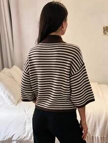 Women's Autumn New Color Block Striped Turtleneck Knit Sweater, Casual, College Style, Commuting - Dark Coffee - View 3