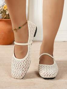 女款刺繡網布方頭芭蕾平底鞋休閒網布平底鞋 - 米色 - 查看 7