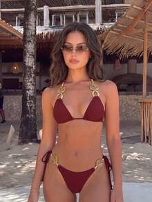 Bikinx Women's Fashion Bikini Set, Featuring Tie-Back Tank Top Design, Decorated With Beaded Rings, Tie-Front Hem - Burgundy - View 2