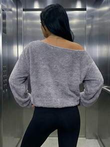 女款休閒毛絨露肩寬鬆衛衣，適合日常穿著，秋冬服飾，秋冬穿搭，外出穿搭，灰色 - 深灰色 - 查看 10