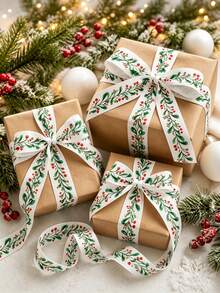 5 Yards Christmas Holly Pattern Polyester Grosgrain Ribbon Roll -Durable & Flexible For Gift Wrapping, Hair Bows, Holiday Wreaths, Home Decor, Theme Parties, Christmas Decor Ribbon For Gift Wrapping, Crafts - Multicolor - View 1