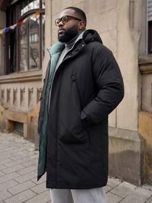 Men Plus Size Long Sleeve Thick Wadded Winter Coat, Mid-Length Padded Coat, Fall/Winter - Black - View 2