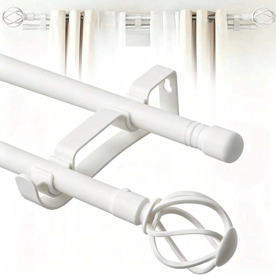 1 Set Double Curtain Rod Set, Metal Adjustable Splice Double Curtain Rod Set, Suitable For Windows, Equipped With Rod Brackets, Perfect For Bathroom, Bedroom And Living Room Blackout Curtains (White) - American Style Double Rod - White - View 1