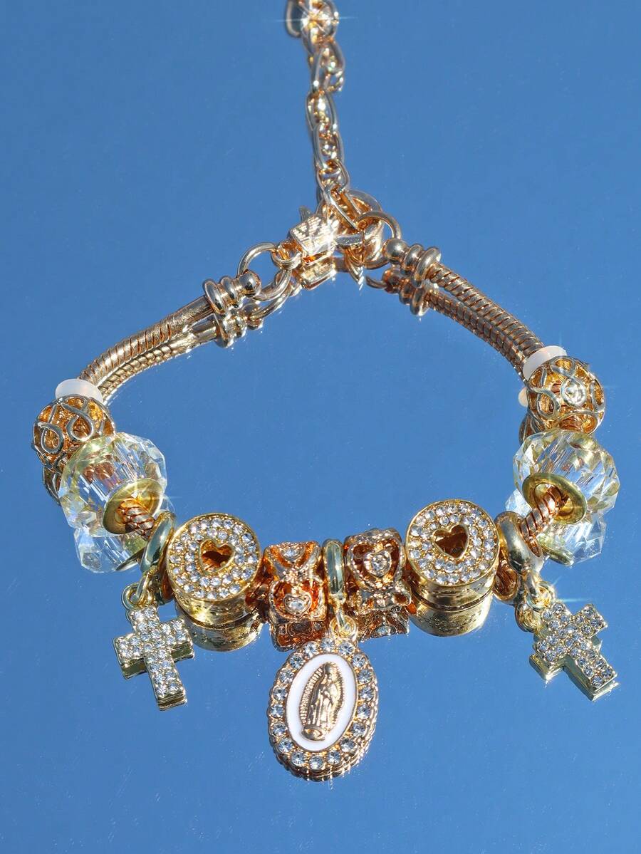 1pc Religious Cross Heart Charm Bracelet, Cross Heart Bracelet, Religious Virgin Mary Heart Bracelet