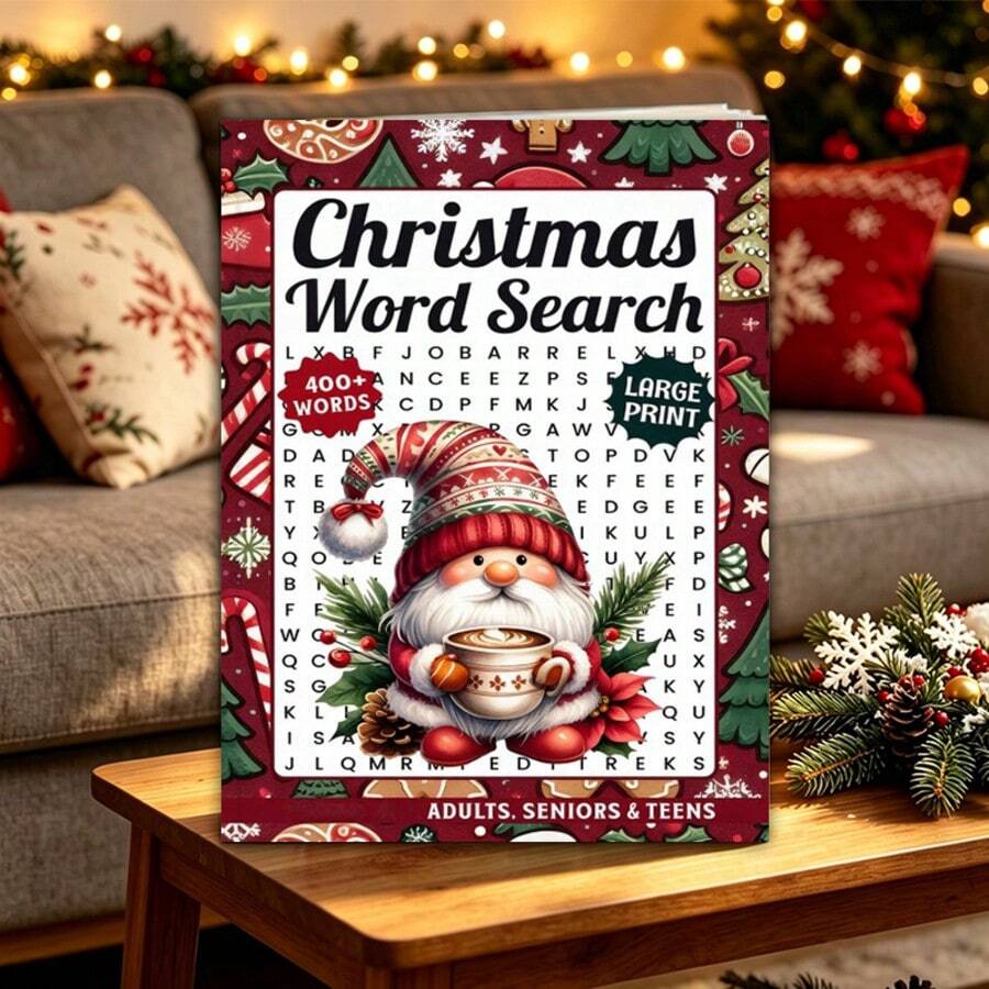 1piece,Christmas Word Search Puzzle NoteBook For Adults Seniors, 22 Pages Large Print Holiday Brain Game,Multiple Styles Available,No Pen Include - Rectangle - View 1