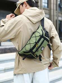 Black Plaid Functional Waist Bag With Contrast Yellow Zipper, Multiple Pockets, Drawstring External Attachment Design, Durable Plaid Fabric, Large Capacity Chest Bag Crossbody Waist Bag For Outdoor Cycling Sports - Multicolor - View 5