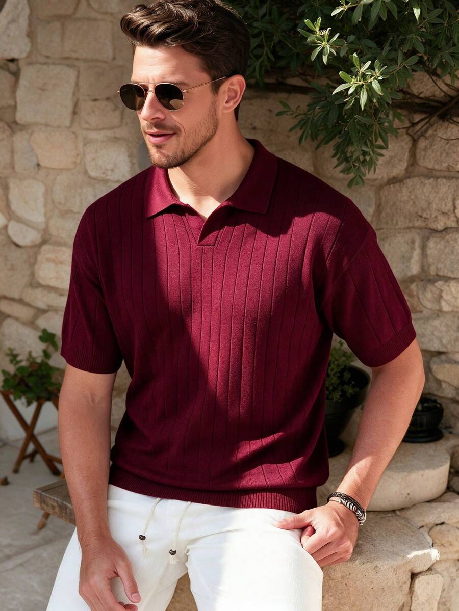 ALTZTAR Atasan Polo Pria Longgar Tipis Warna Polos Kasual Lengan Pendek Berkerah Rajut - Red Violet - View 1