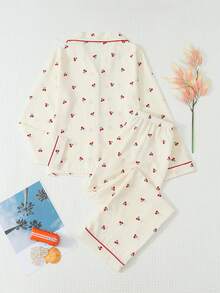 Teen Girls Cute Cherry Print Button Front Long Sleeve Pajama Set, 2-Piece Lapel Top + Pants Loungewear Home Casual Outfit For Autumn/Winter - Multicolor - View 4