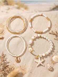 8pcs Crystal Starfish & Shell Bracelet Set, Suitable For Women's Beach Travel Wear - Multicolor - View 6