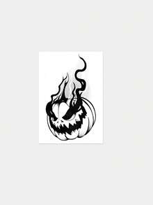 1pc Temporary Tattoo Sticker, Black & Grey Stippling Flaming Demon Pumpkin Pattern, Realistic Fake Tattoo Design, For Daily Wear, Bachelorette Party Favors, Music Festival, Game, Graduation Gift, Lasts 3‑5 Days - Black - View 3
