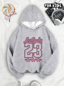 Kids Hooded Sweatshirt, Los Angeles 23 Stars Letter Graphic Print Thick Fleece Lined Pullover For Kids - Flower Gray - View 1