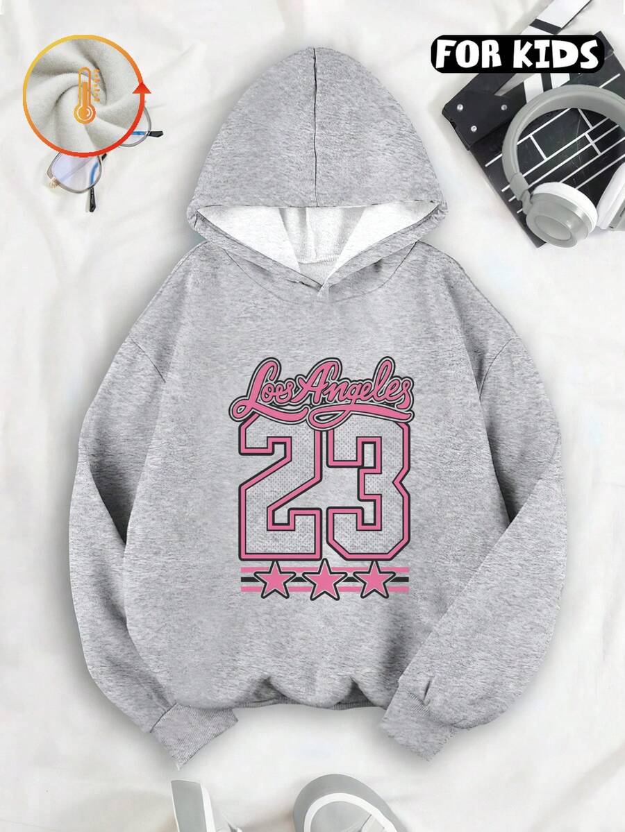 Kids Hooded Sweatshirt, Los Angeles 23 Stars Letter Graphic Print Thick Fleece Lined Pullover For Kids - Flower Gray - View 1