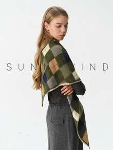 1pc Women's Diamond Plaid College Style Casual Versatile Polyester Faux Mink Triangle Scarf Shawl For Daily Use - Army Green - View 4