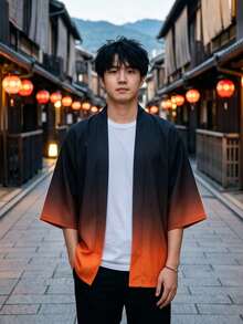 Men's Vintage Gradient Japanese Style Printed Cardigan Shirt - 100% Polyester Lightweight Loose Collarless Design, Spring Summer Autumn Sun Protection Shawl, Machine Washable, Fashion Gift, Seasonal , Durable Construction, Fashion Coverage, China Size, Please Check Size Chart Carefully - Coral Orange - View 1