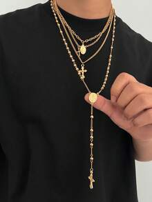 4pcs/Set Multi-Layer Gold Cross & Virgin Mary Round Pendant Men's Necklace, Vintage Y-Shaped Tassel Bead Chain Layered Necklaces, Versatile Accessory For Sweaters & Coats In Autumn/Winter, Gift - 4pcs - View 2