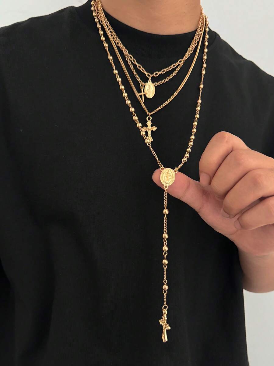 4pcs/Set Multi-Layer Gold Cross & Virgin Mary Round Pendant Men's Necklace, Vintage Y-Shaped Tassel Bead Chain Layered Necklaces, Versatile Accessory For Sweaters & Coats In Autumn/Winter, Gift
