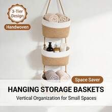 3-Tier Boho Neutral Tone Hanging Basket - Woven Rope Wall Organizer With Space-Saving Vertical Storage Shelf, Boho Style Suitable For Bathroom, Nursery, Kitchen, Bedroom - Multi-Room Hanging Bins For Towels, Utensils - White - View 10