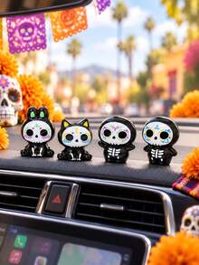 5Pcs Mini Day Of The Dead Sugar Skull Figurines Set, Hand-Painted Colorful Glossy Resin Cute Cartoon Cat Rabbit Skeleton Statues, Spooky Mini Ornaments For Halloween Party, Micro Landscape Fairy Garden, Desktop Shelf Home Office Decoration - A - View 5